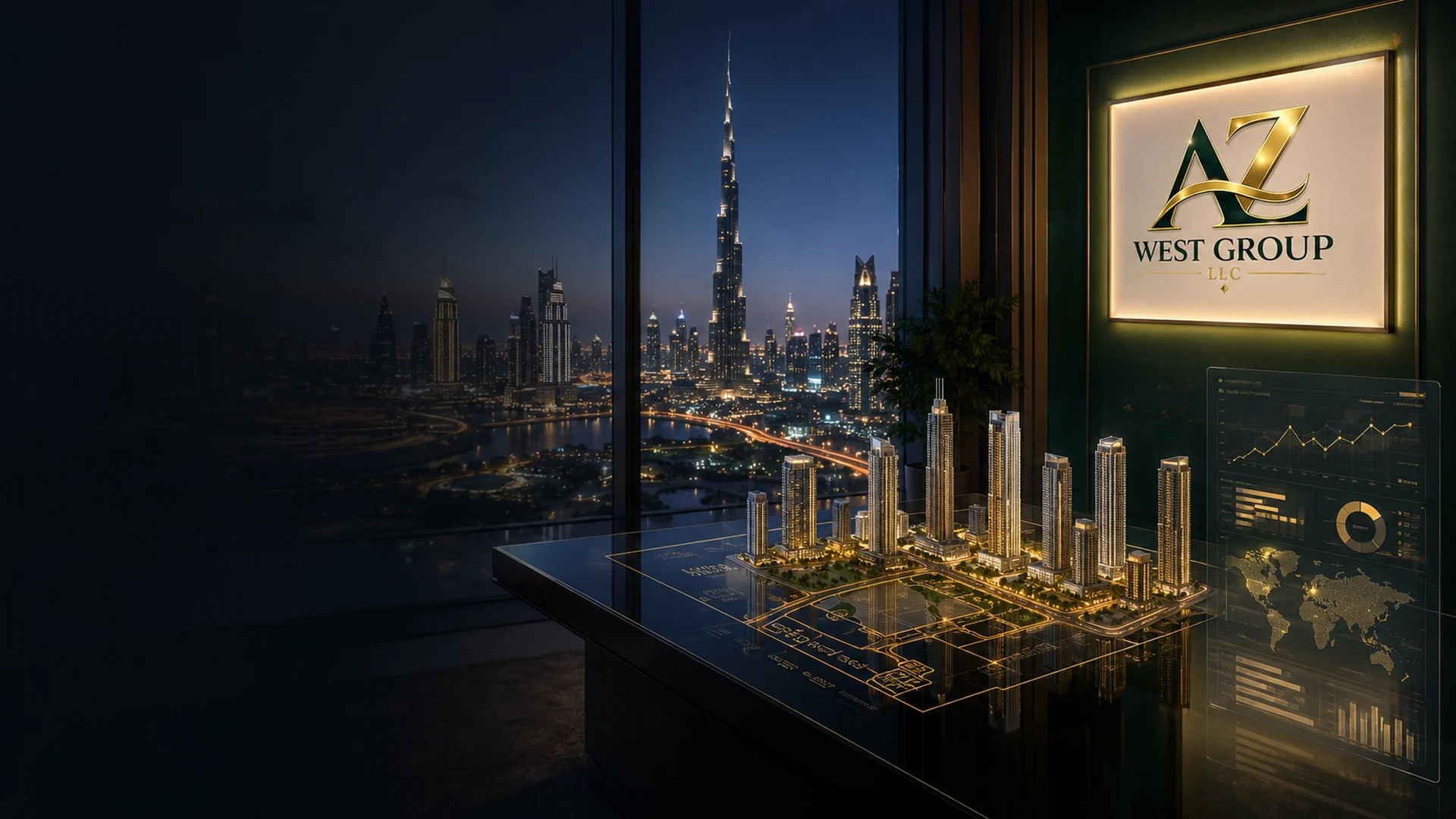 AZ West Group Dubai real estate advisory office with Burj Khalifa skyline, property model and market analytics