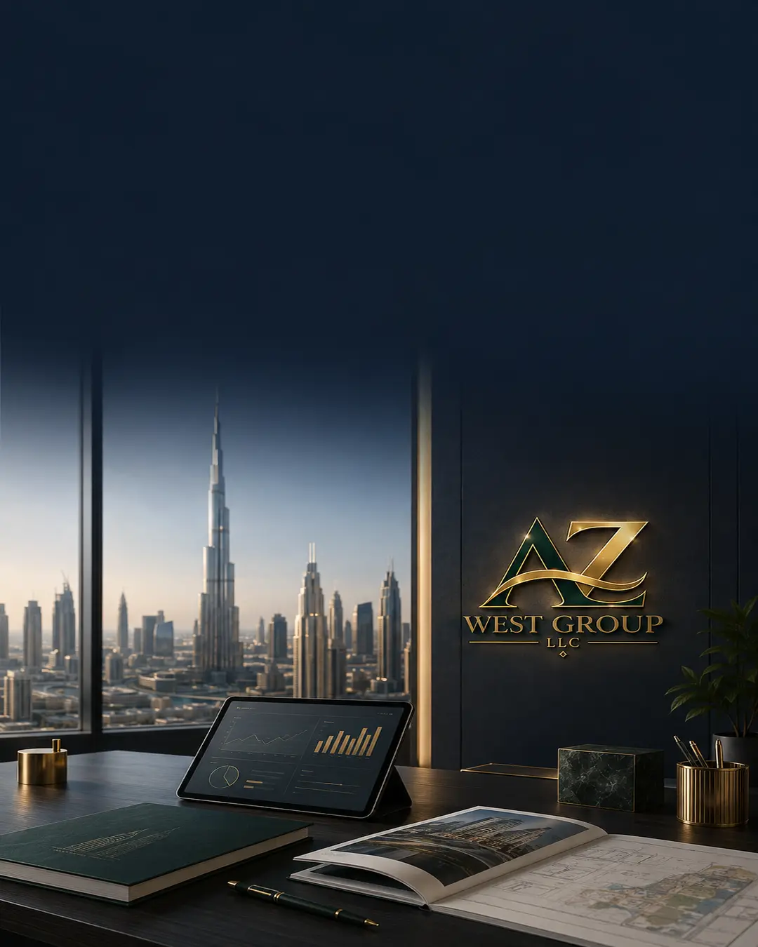 AZ West Group Dubai real estate advisory office with Burj Khalifa skyline, property model and market analytics